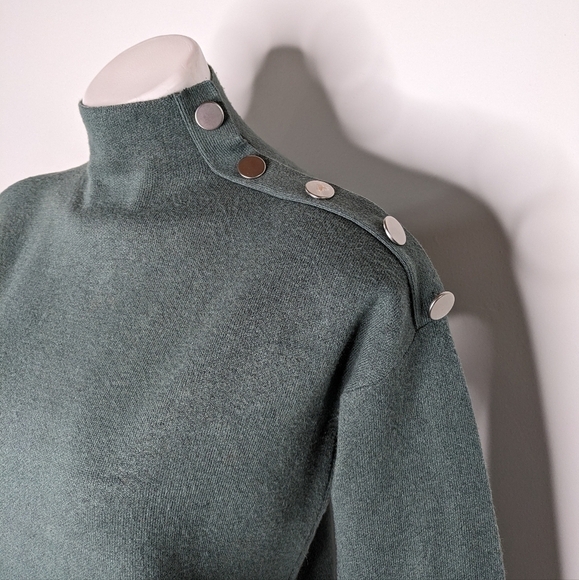 Tahari green/blue silver button accent long sleeve high neck sweater XS - Picture 2 of 10